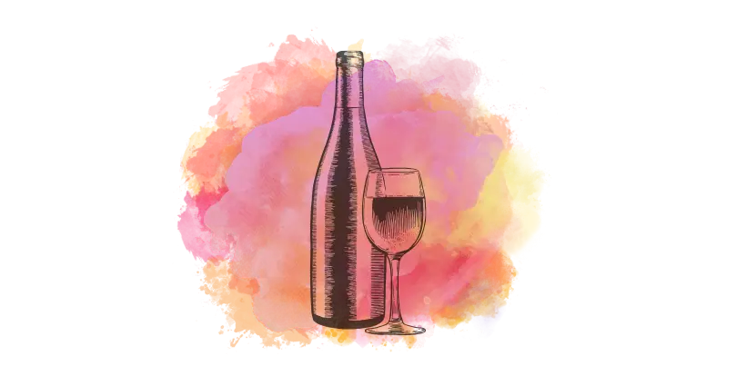 Desenho de uma garrafa de vinho e uma taça sobre fundo aquarelado colorido.