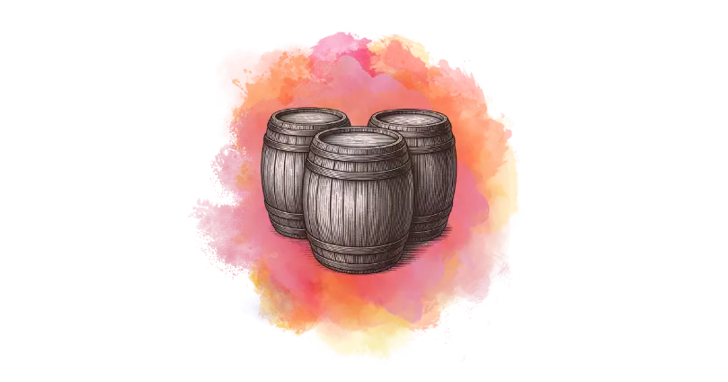 Três barris de madeira desenhados com fundo colorido em tons de rosa, laranja e amarelo.