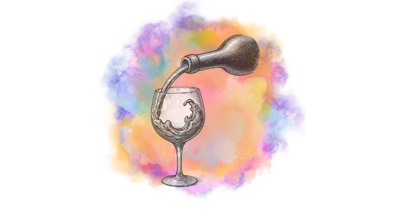 Ilustração de um saca-rolhas de madeira e dois rolhas sobre fundo de aquarela colorida.