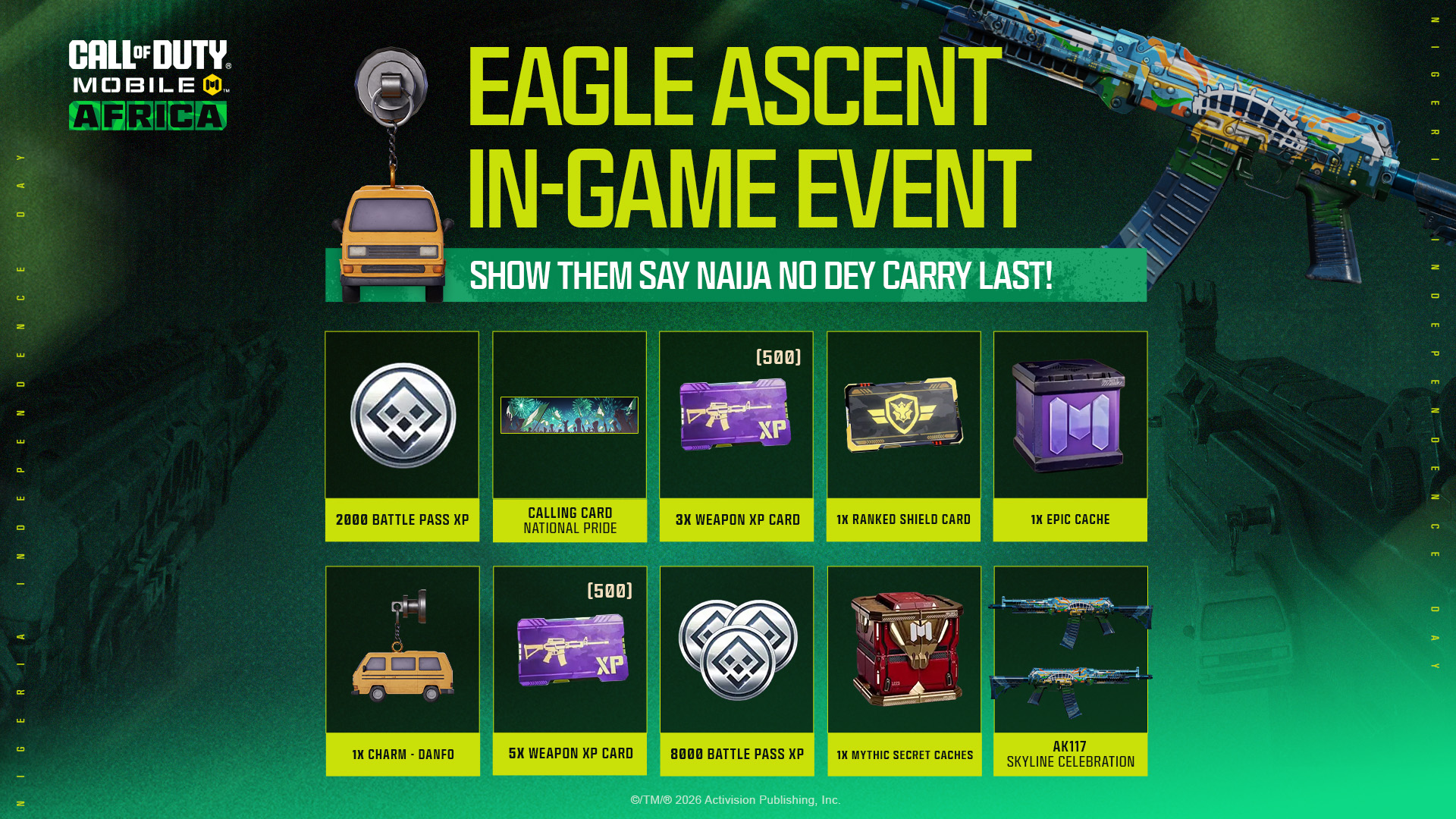 Eagle Ascent in-game event rewards for Call of Duty Mobile Nigeria Independence Day, including the AK117 Skyline Celebration, Danfo charm and National Pride calling card