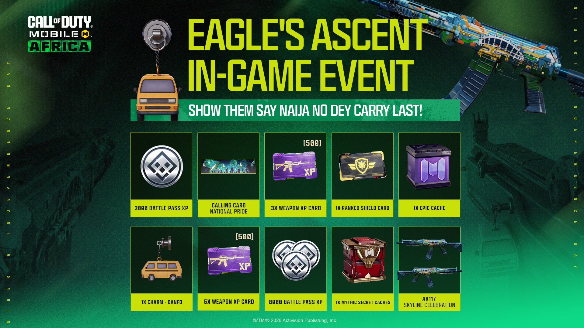 Eagle's Ascent in-game event rewards for Call of Duty Mobile Nigeria Independence Day, including the AK117 Skyline Celebration, Danfo charm and National Pride calling card