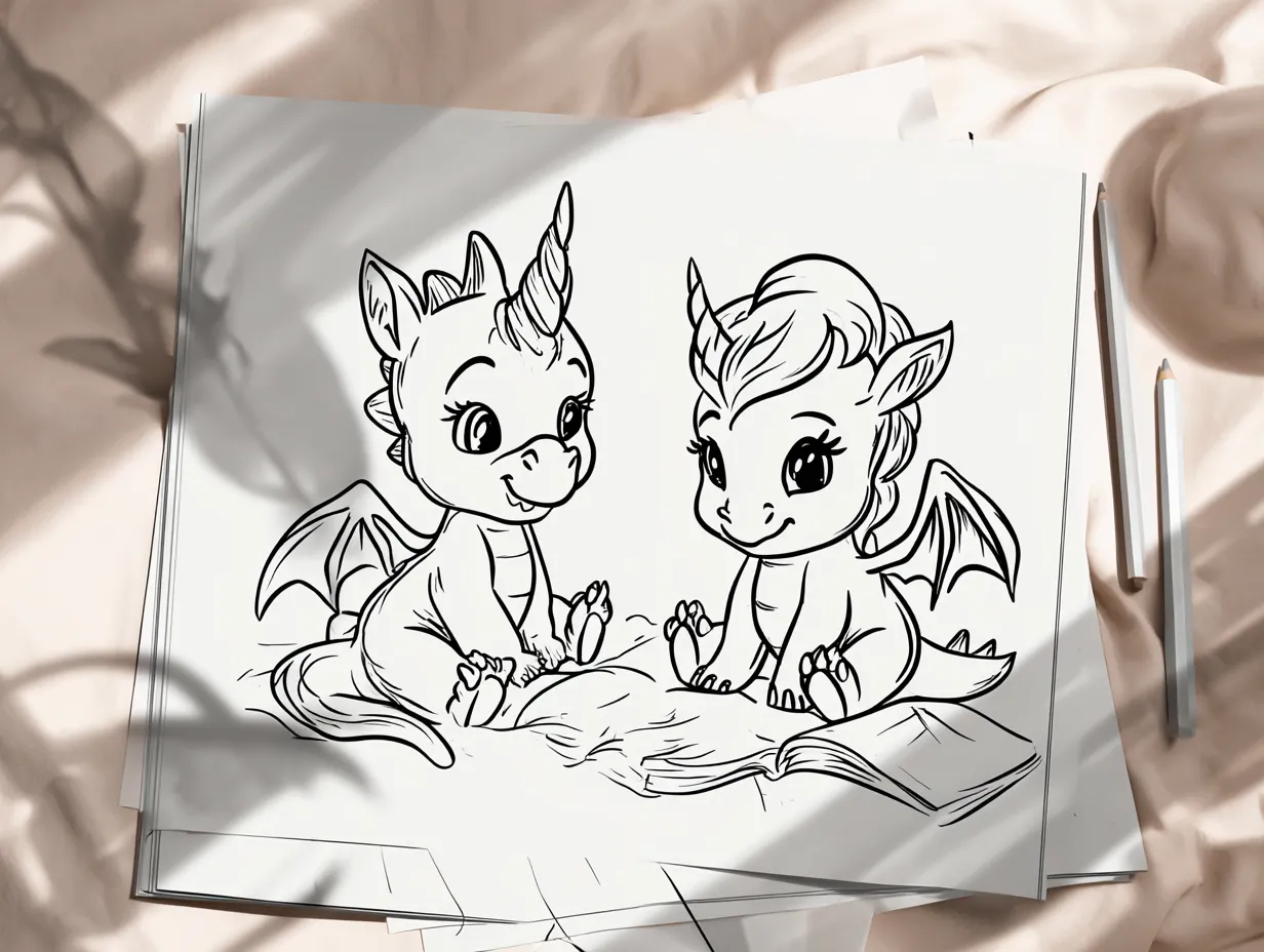 Mockup aus dem Kinder-Malbuch mit zwei niedlichen Drachenmotiven zum Ausmalen