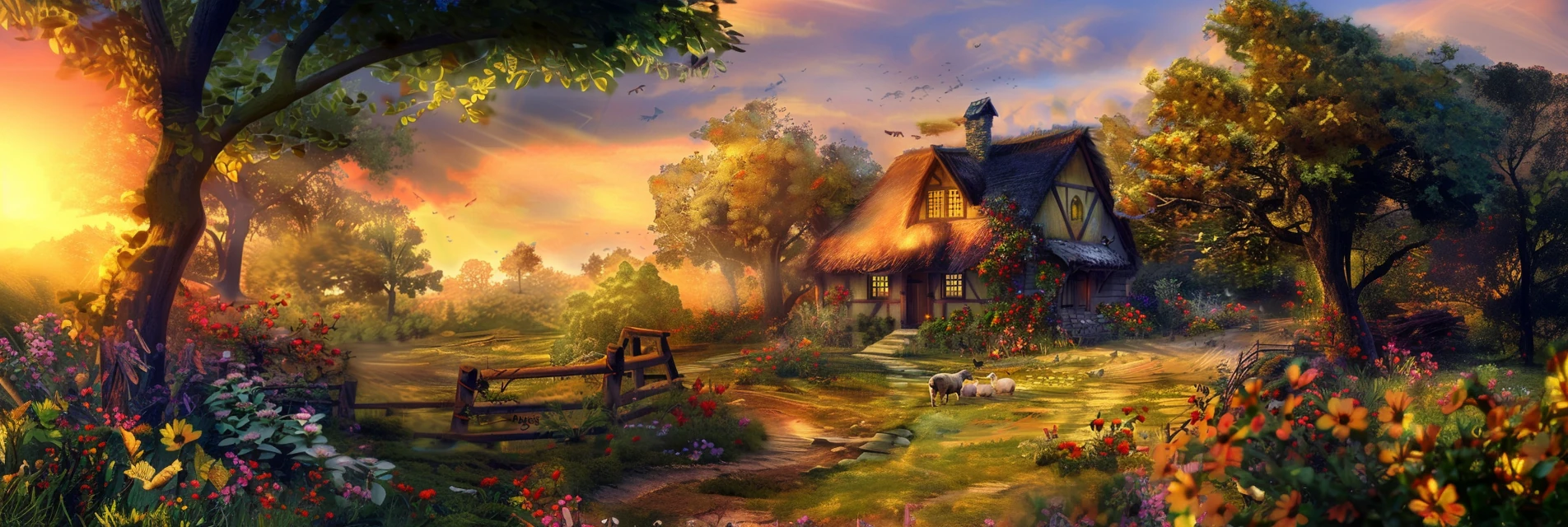 Digitale Kunst – idyllischer Bauernhof bei Sonnenaufgang, warme Lichtstimmung, ruhige Landschaft mit Blumen und Bäumen