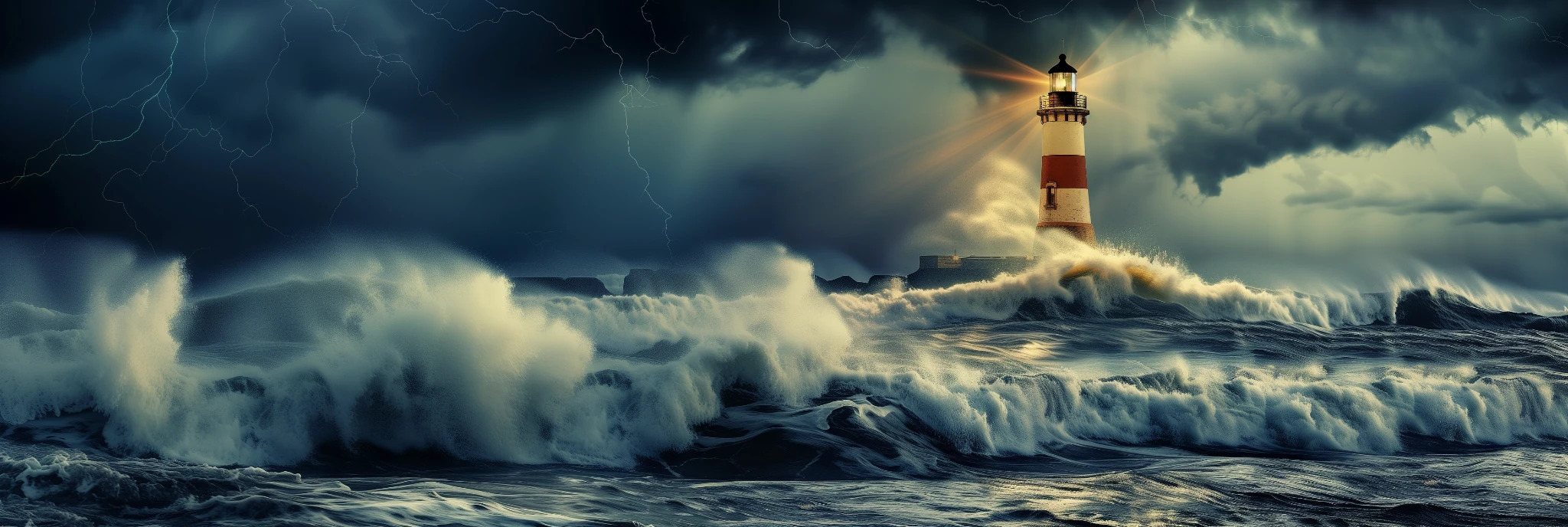Digitale Kunst – Leuchtturm in stürmischer See mit peitschenden Wellen, dramatische Lichtstimmung, malerisch-fotorealistischer Stil