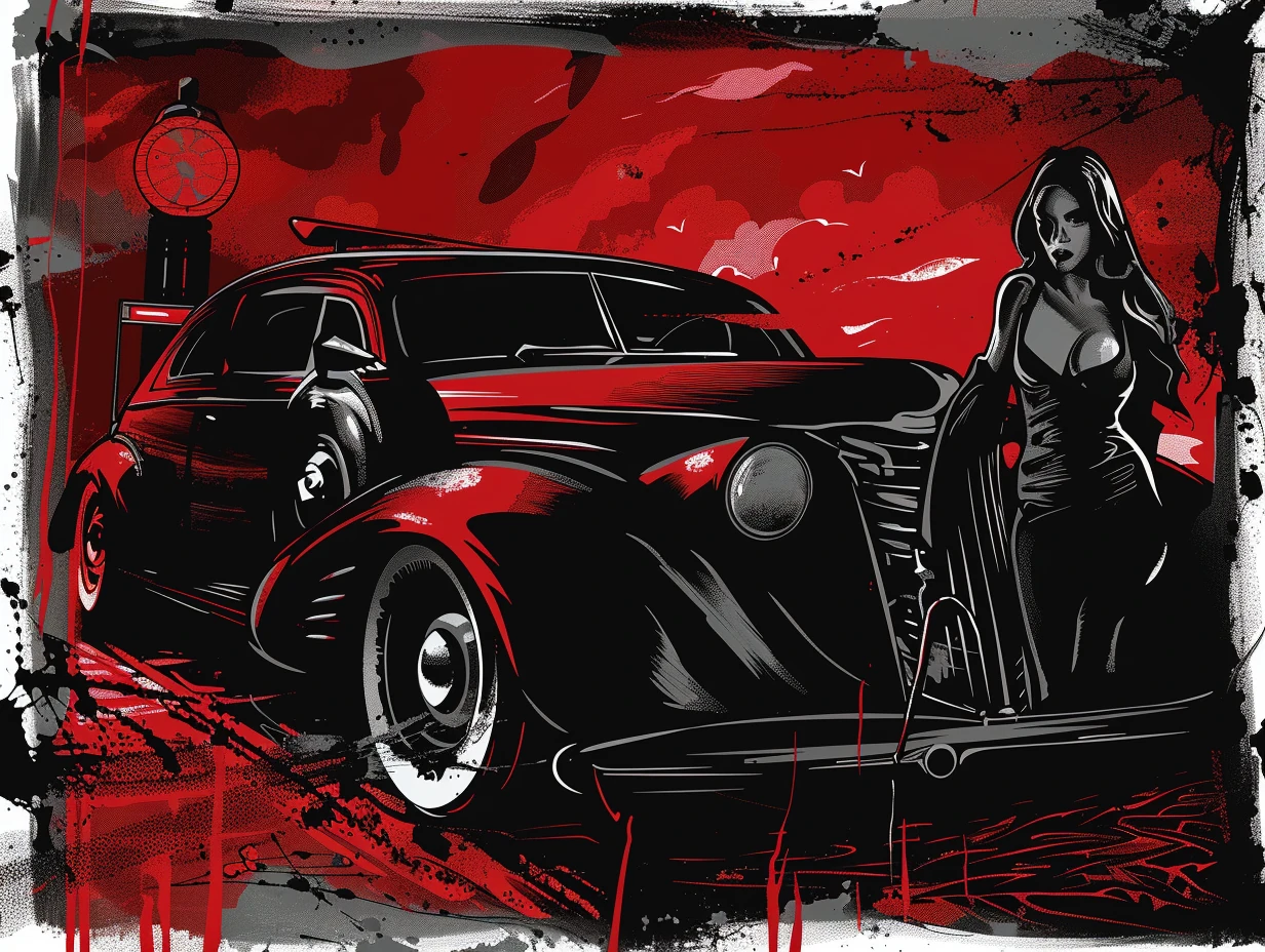 Digitale Kunst im Noir-Comic-Stil – düstere Szene mit Vintage-Auto und Frau im Mafiosi-Look, rot-schwarbe Farbpalette, 1920er-Jahre-Anmutung