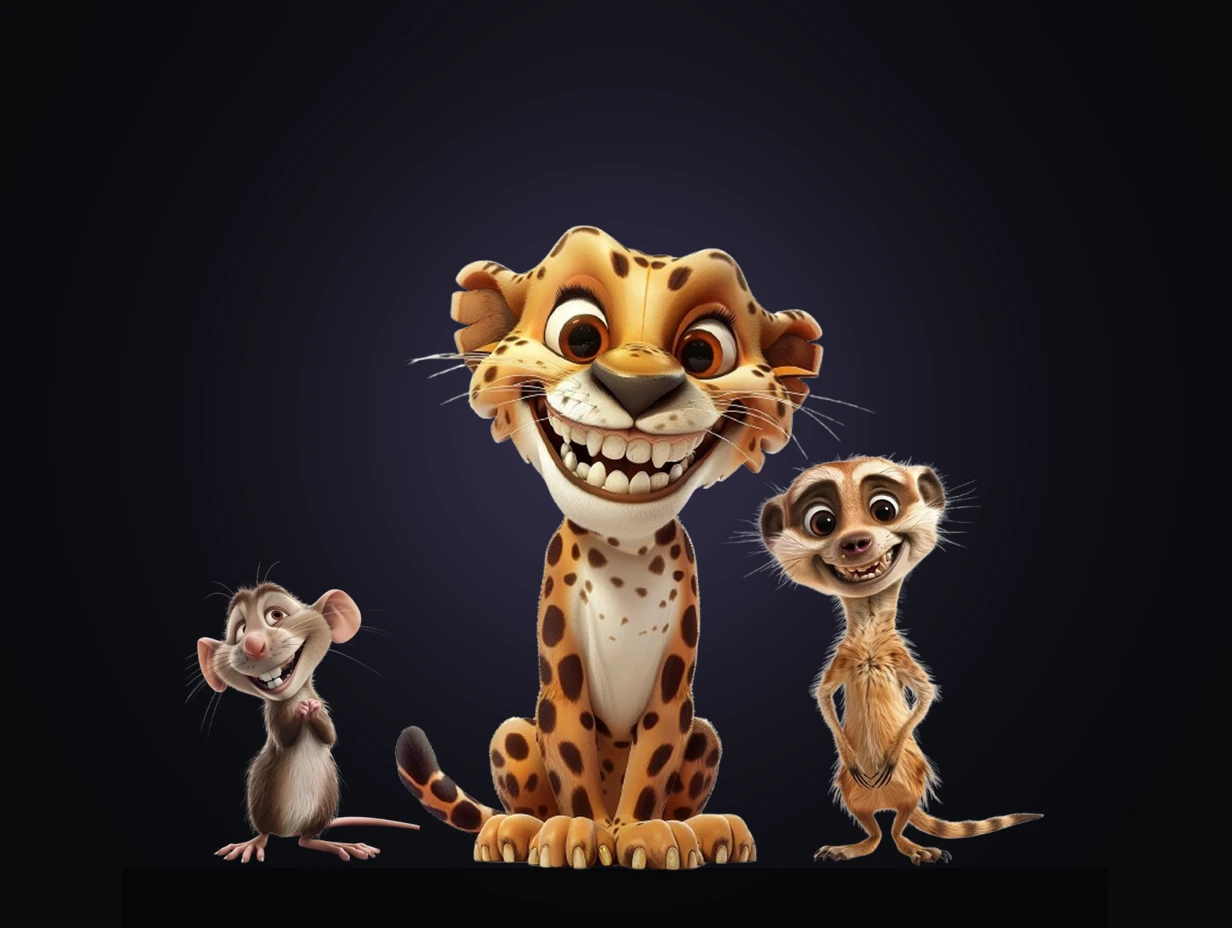 Digitale 3D-Kunst im Comic-Stil – grinsende Tiere mit Ratte, Tiger und Frettchen, humorvolle Charakterdarstellung auf dunklem Hintergrund