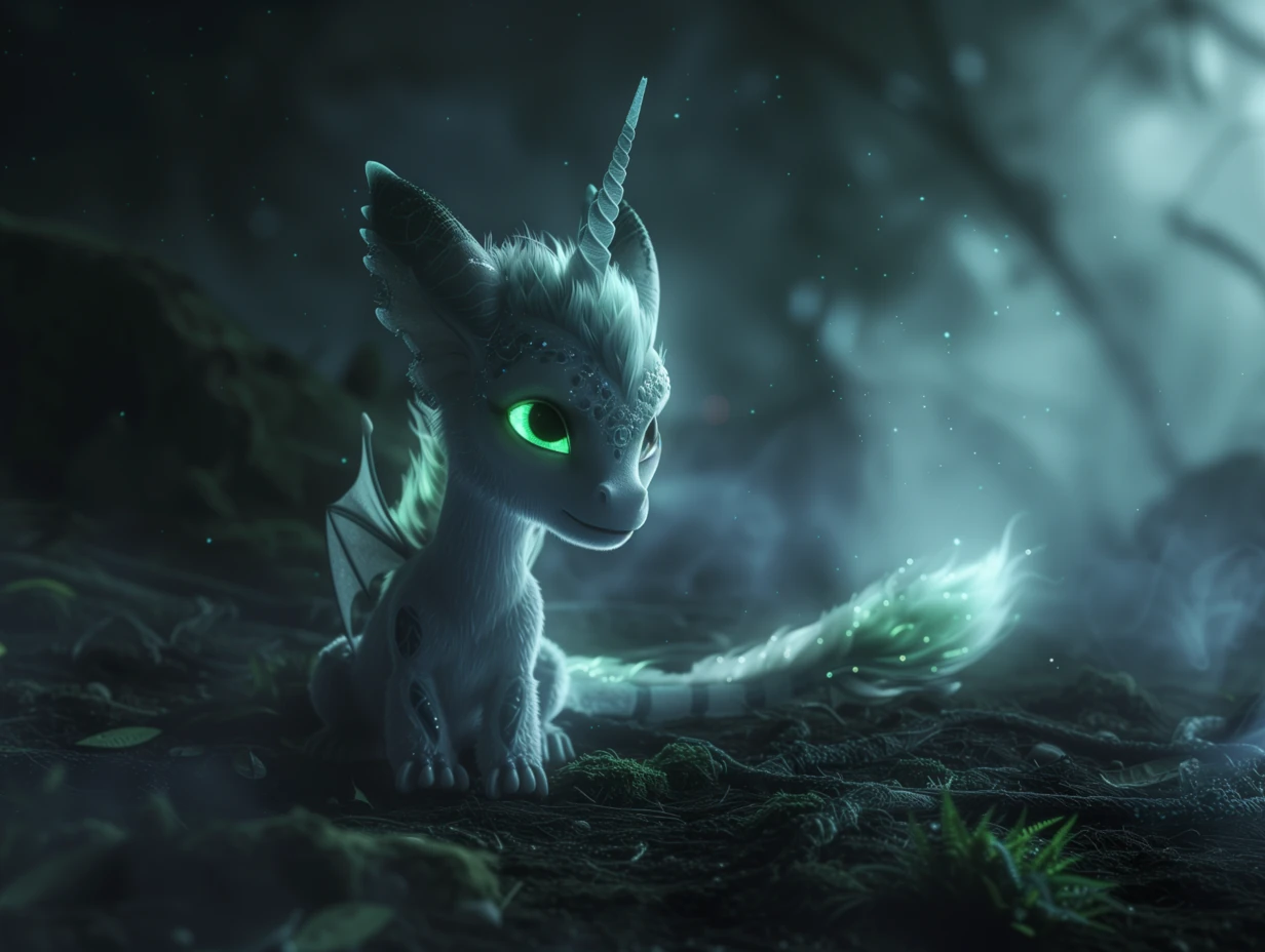 Digitale 3D-Kunst – mystisches Einhorn-Drachenbaby im Feenwald, leuchtende grüne Augen, märchenhafte Lichtstimmung