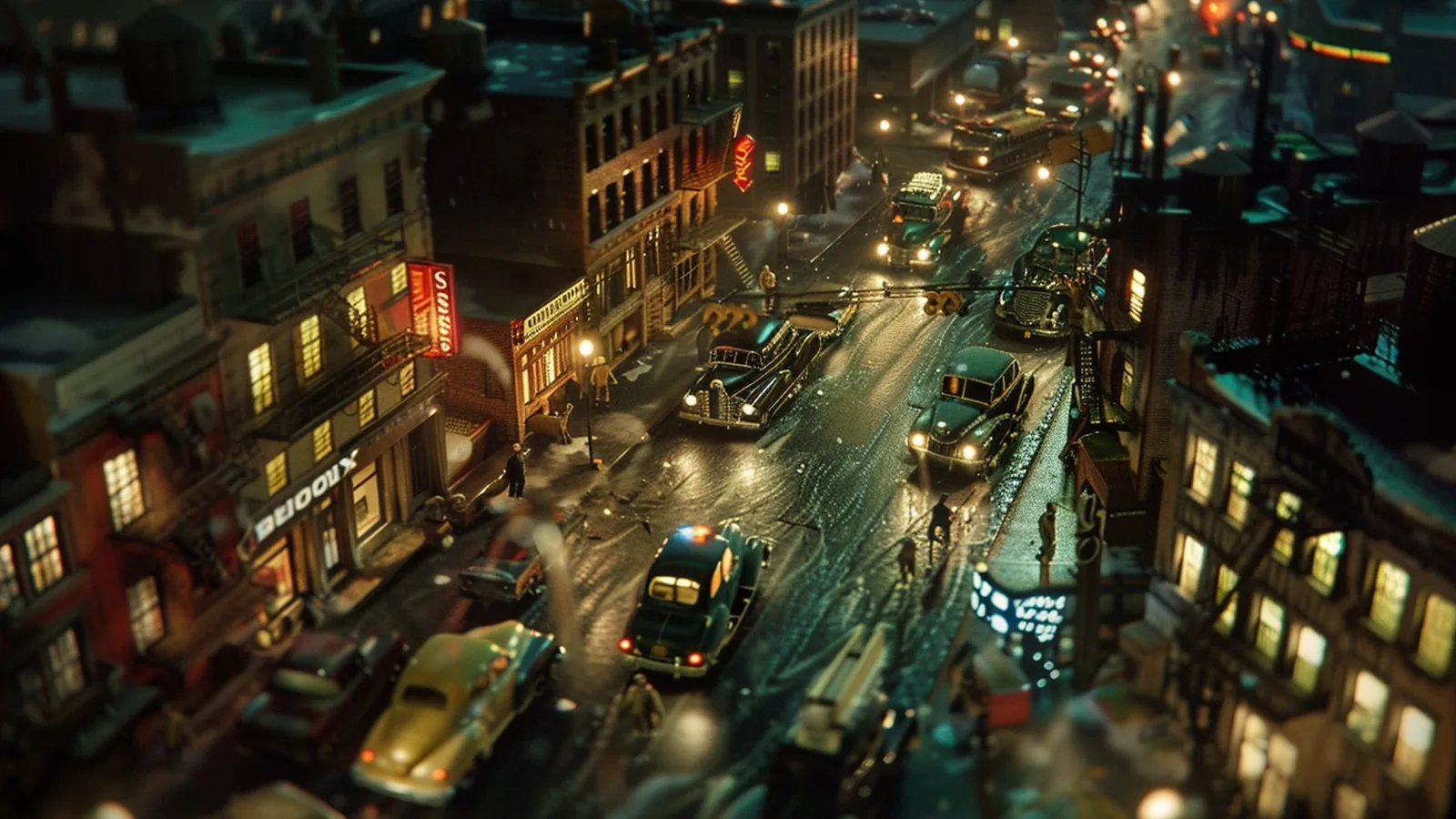 Digitale Kunst – nächtliche Stadtlandschaft mit 1930er-/1940er-Jahre-Anmutung, beleuchtete Straße mit Autos und Häusern, Miniatur- und Tilt-Shift-Effekt