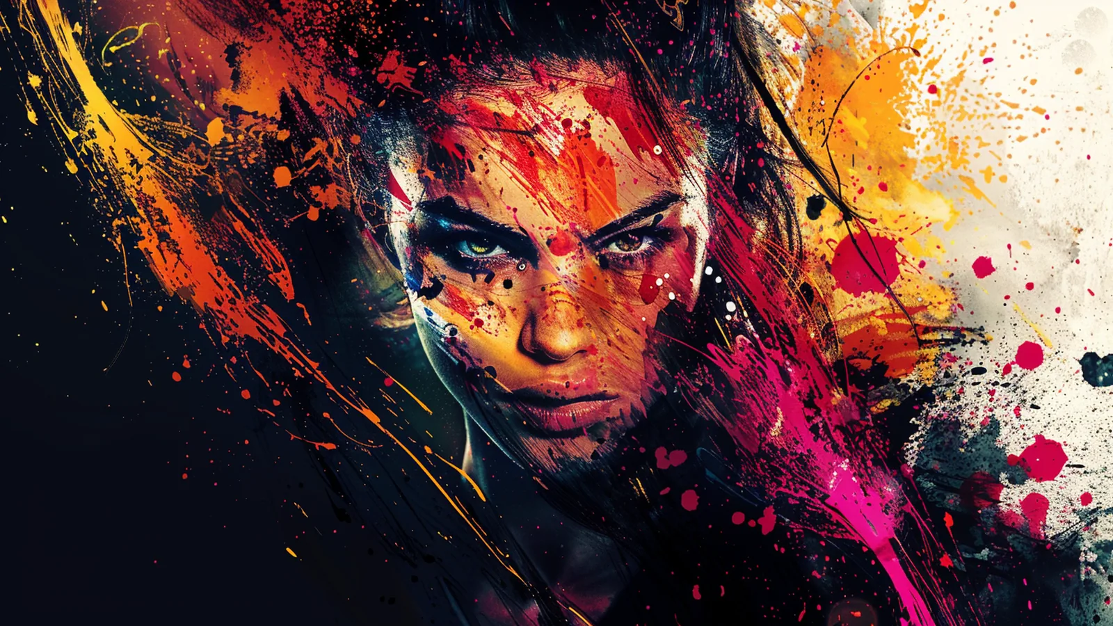 Digitale Kunst – ausdrucksstarkes Frauenporträt mit abstrakten Farb- und Farbspritz-Effekten in Rot-, Gelb- und Pinktönen, moderner Mixed-Media-Stil