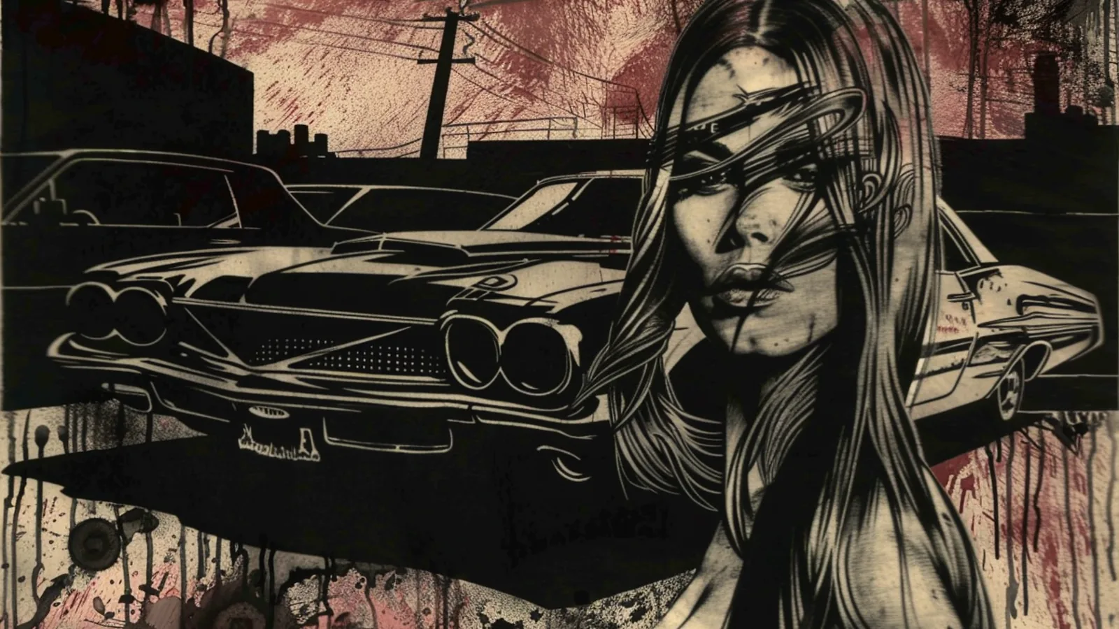 Digitale Kunst im Noir-Stil – langhaarige Frau vor einem klassischen Auto im Stil der 1960er Jahre, düstere Szene mit schwarzen Flächen und roten Akzenten