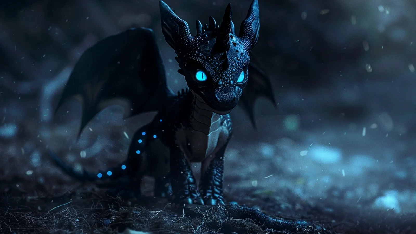 Digitale 3D-Kunst – dunkles Einhorn-Drachenbaby bei Nacht mit leuchtend blauen Augen, mystische Atmosphäre und kühle Lichtstimmung