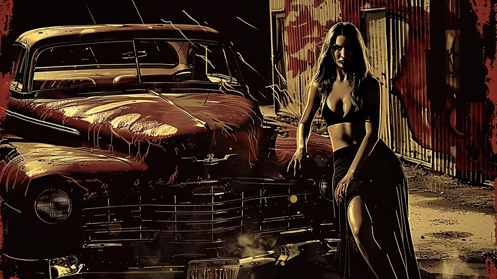 Digitale Kunst im Noir-Stil – Frau im dunklen Outfit vor einem Vintage-Auto, nächtliche Szene mit starken Rot- und Goldtönen, cineastische Lichtstimmung