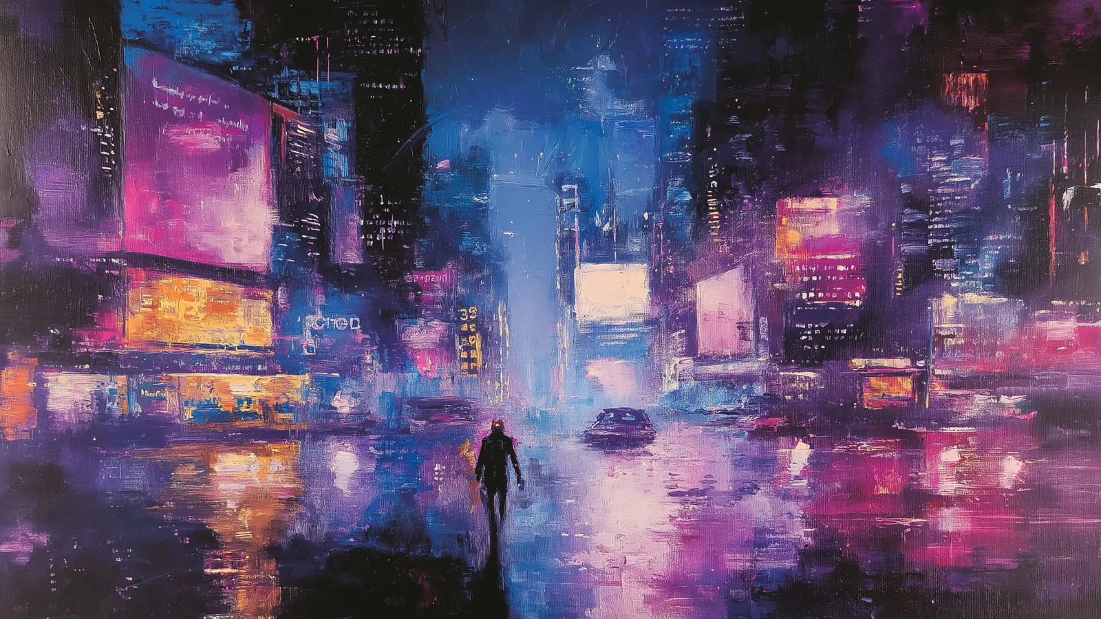 Digitale Kunst – futuristische Stadtlandschaft im Cyberpunk-Stil bei Nacht, neonbeleuchtete Hochhäuser, regennasse Straße mit Spiegelungen und einzelne Person im Vordergrund