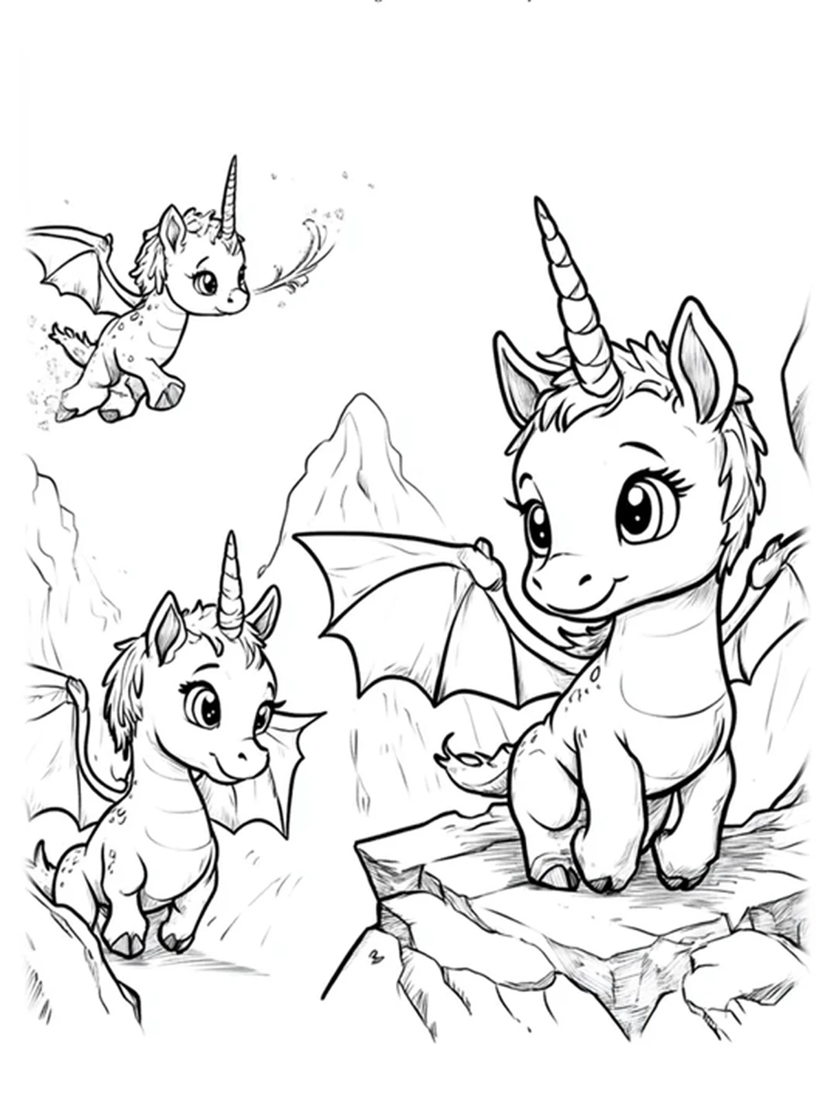 Malbuch-Seite – Einhorn-Drachen-Baby beim Fliegen in einer Berglandschaft, einfache und ruhige Ausmalvorlage