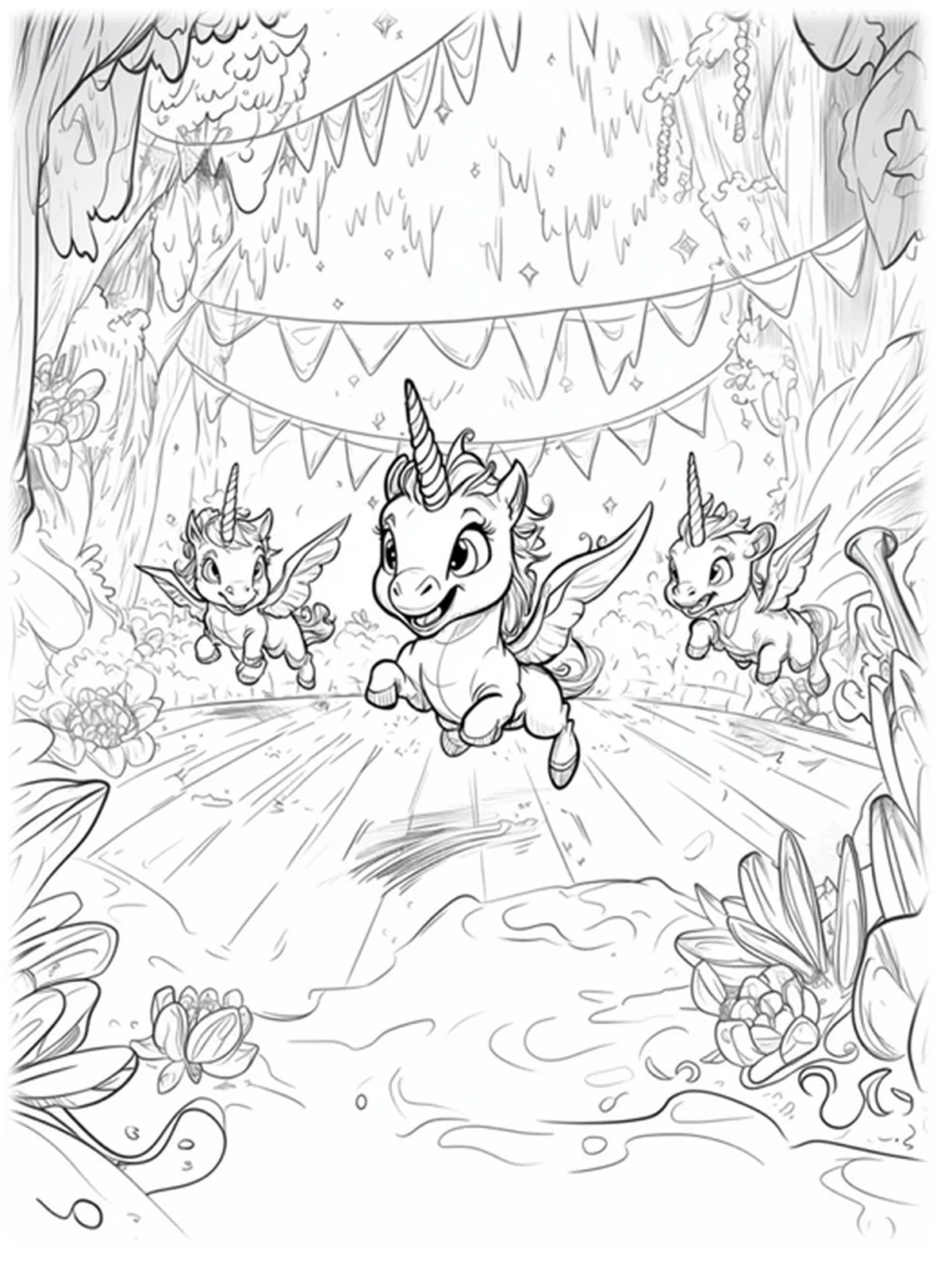 Malbuch-Seite – Einhorn-Drachen-Baby in fröhlicher Bewegungsszene im Wald, detailreiches Ausmalmotiv