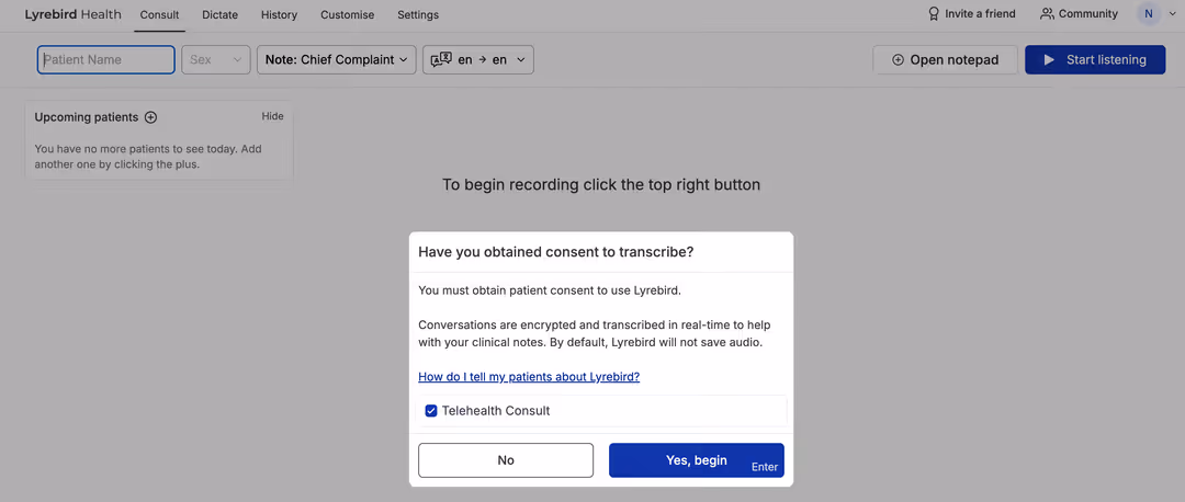 Lyrebird Health's documentation interface — native integration with Best Practice for GP workflows. Lyrebird Health's documentation interface — native integration with Best Practice for GP workflows.