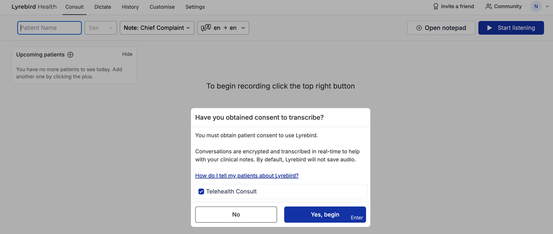 Lyrebird Health's documentation interface — native integration with Best Practice for GP workflows.