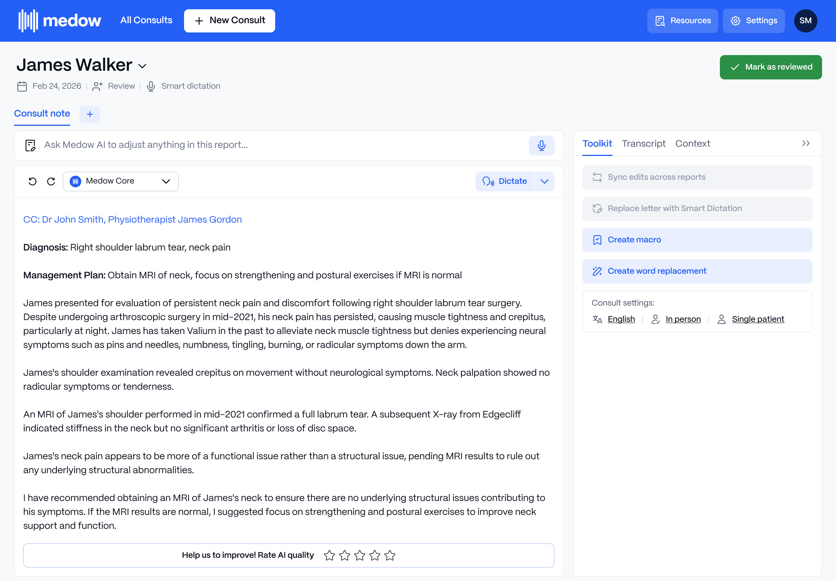 Medow review consult screen for the cardiology AI model