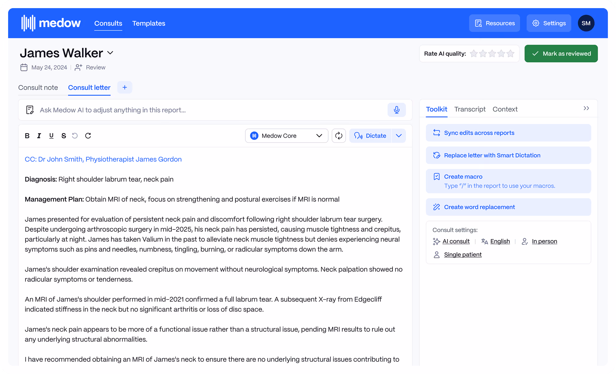 Medow AI Scribe consult letter interface