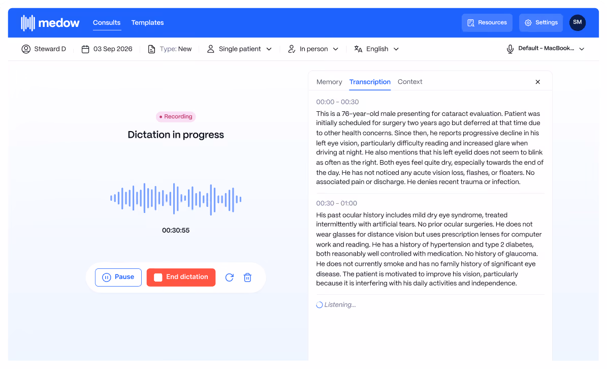 Medow Smart Dictation interface