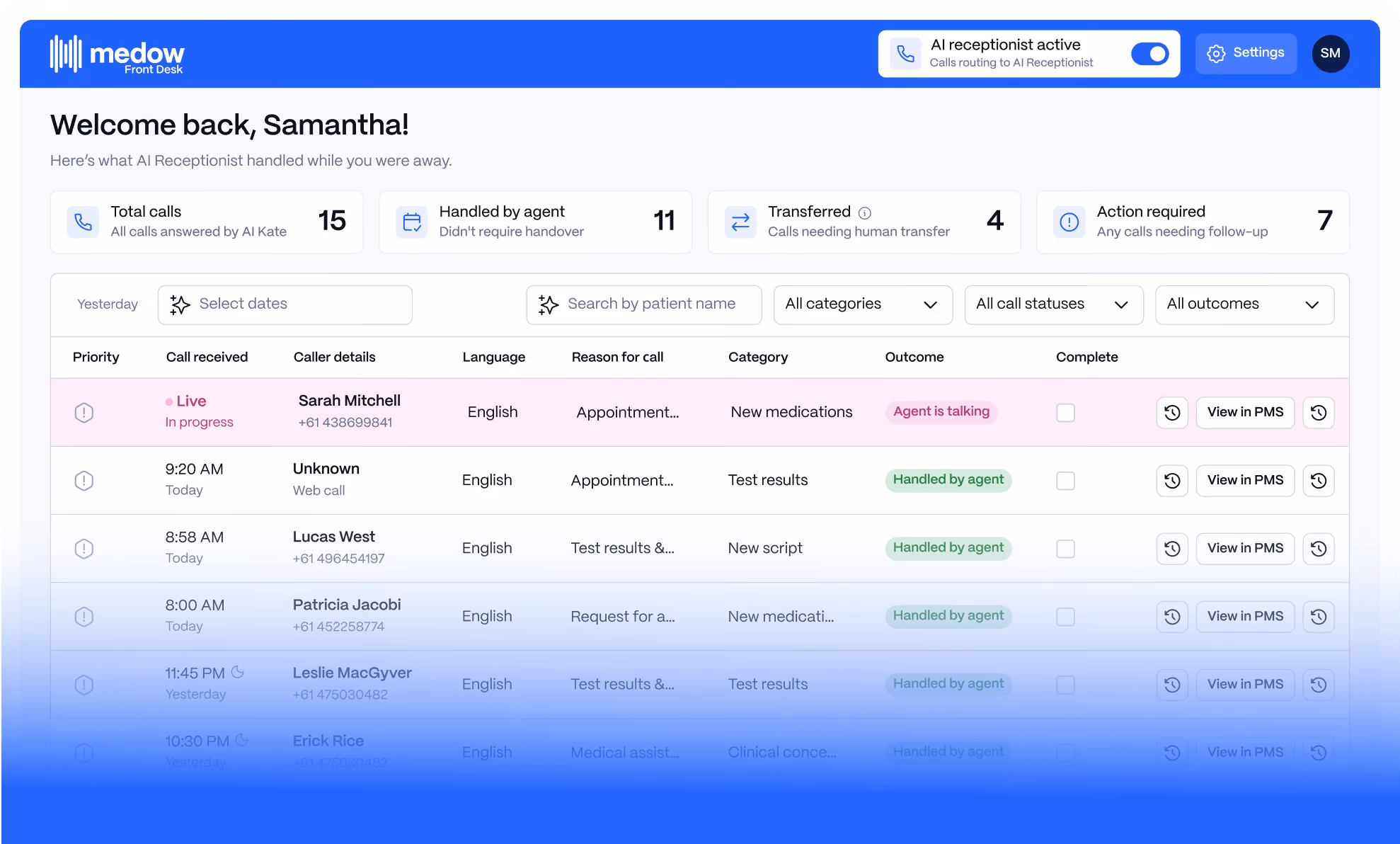 Medow Front Desk AI receptionist dashboard