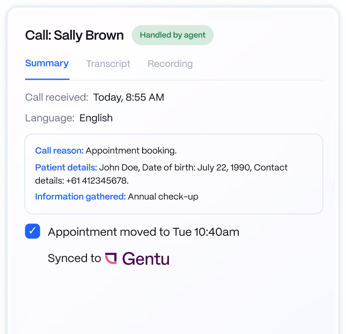 Medow Front Desk call summary with patient details and the information gathered by the AI agent