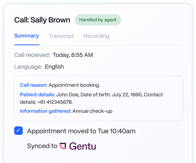 Medow Front Desk call summary with patient details and the information gathered by the AI agent