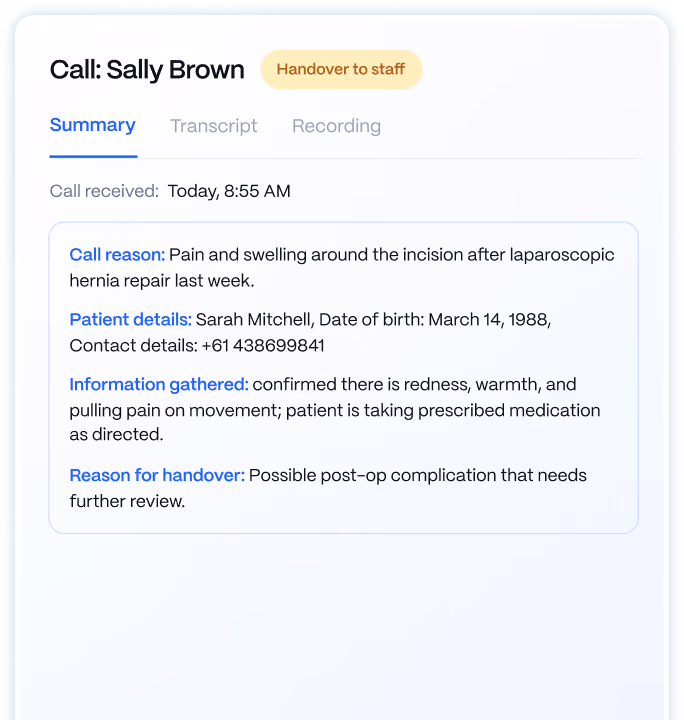 Medow Front Desk call summary explaining why a call was handed over to clinic staff