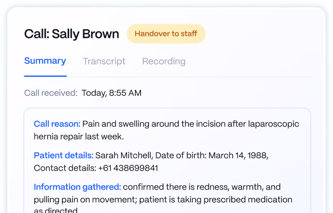 Medow Front Desk call summary explaining why a call was handed over to clinic staff