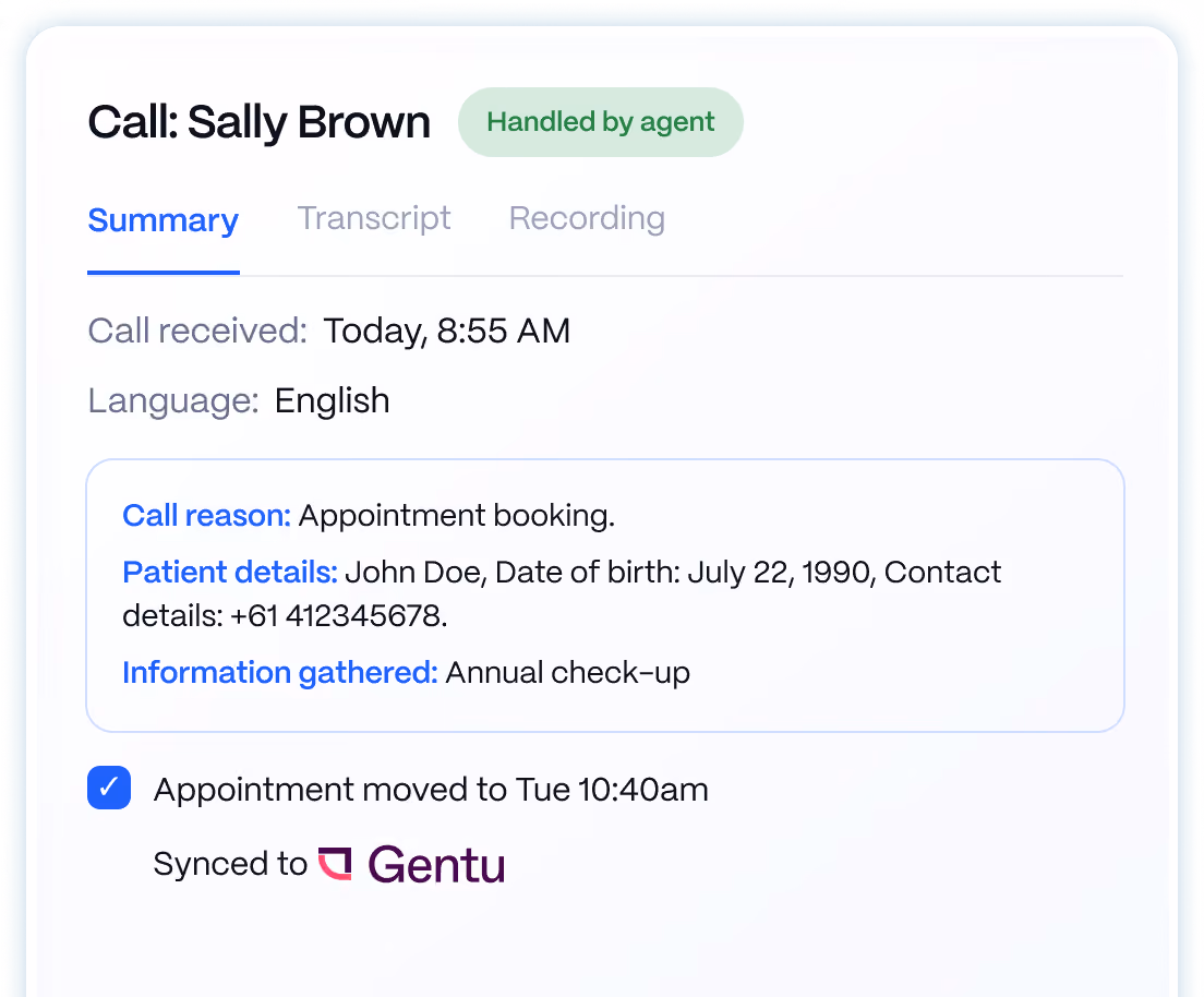 Medow Front Desk call summary with patient details and the information gathered by the AI agent