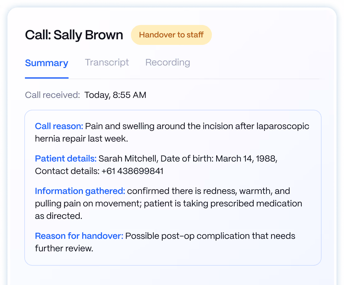 Medow Front Desk call summary explaining why a call was handed over to clinic staff