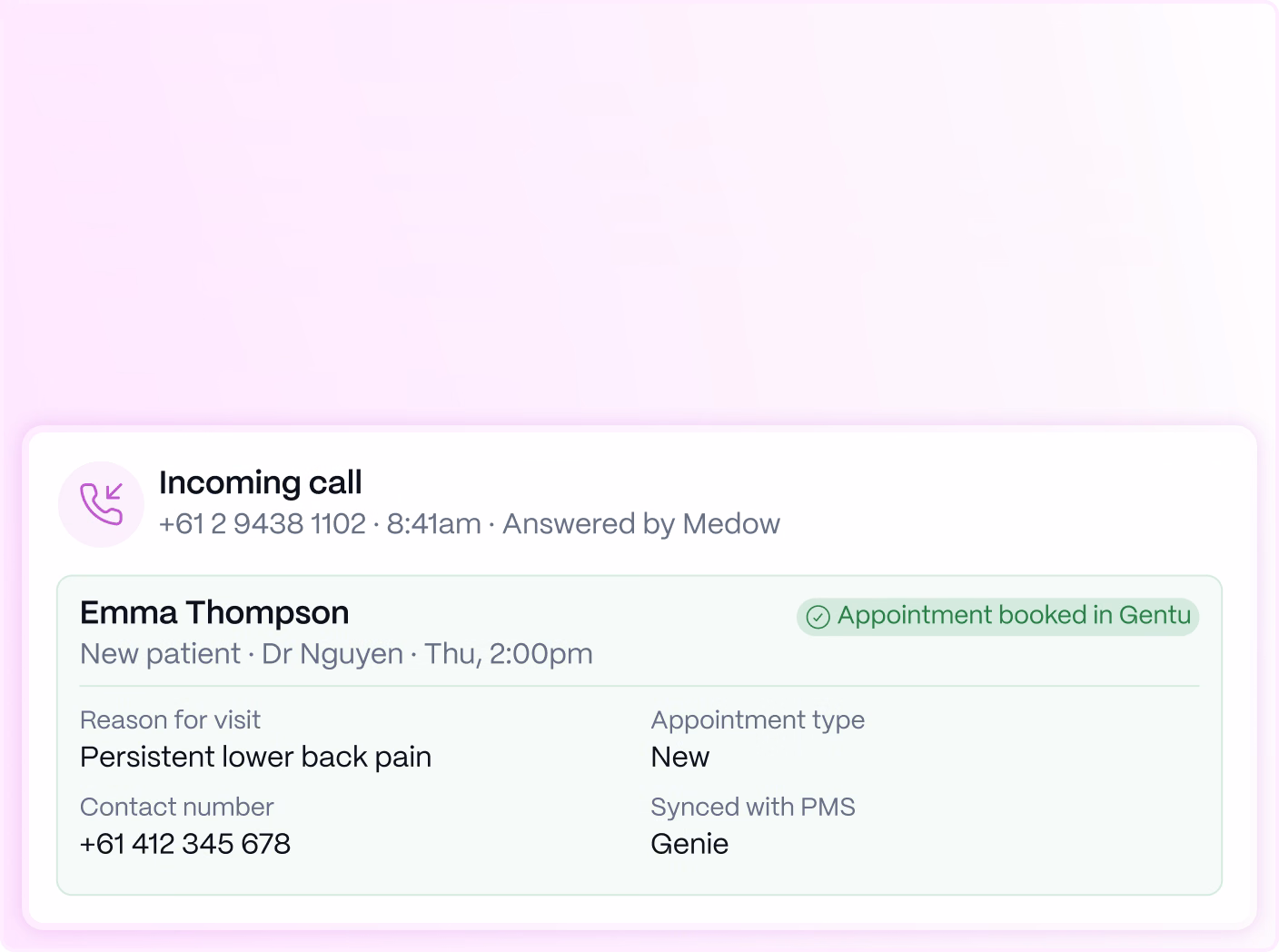 Medow Front Desk answering an incoming call and booking the appointment