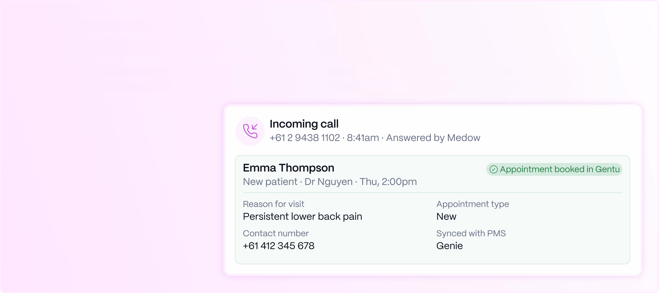 Medow Front Desk answering an incoming call and booking the appointment