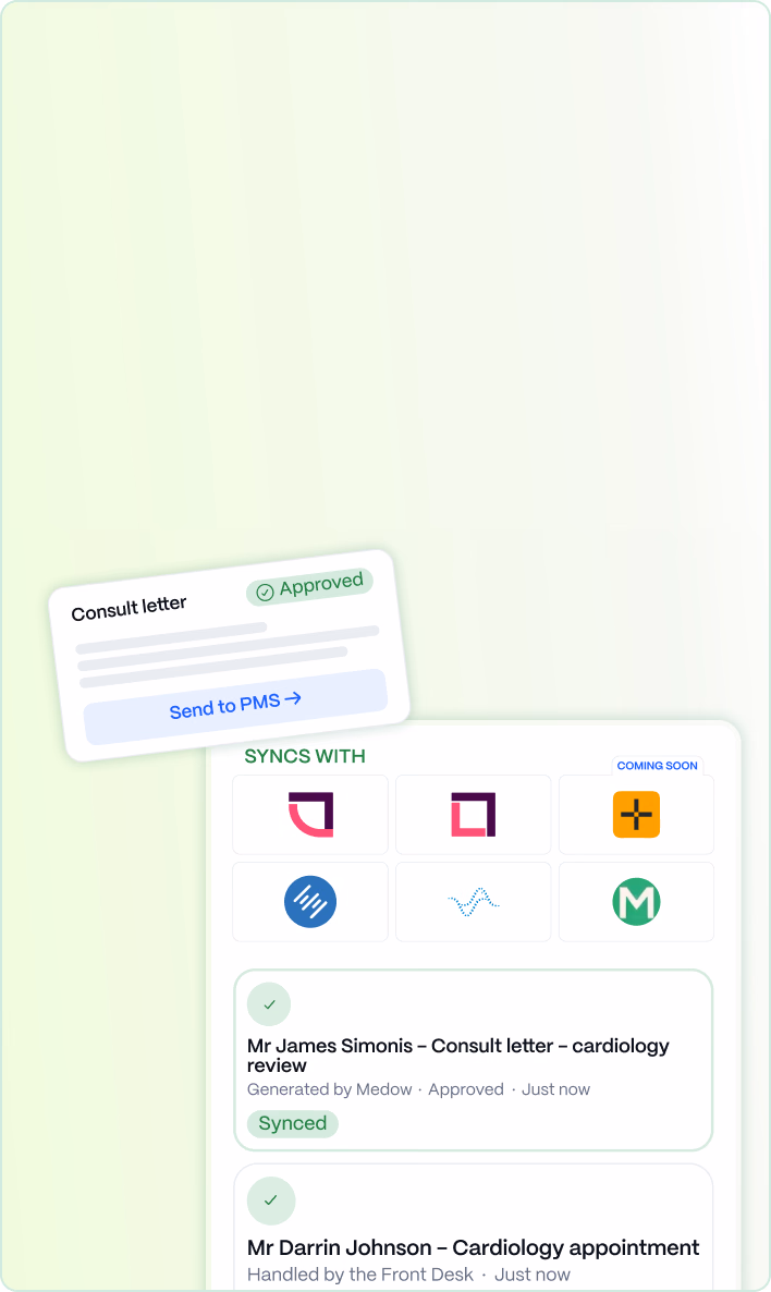 Medow syncing letters and appointments into Genie, Gentu, HealthTrack, Elixir, Shexie and Meditech