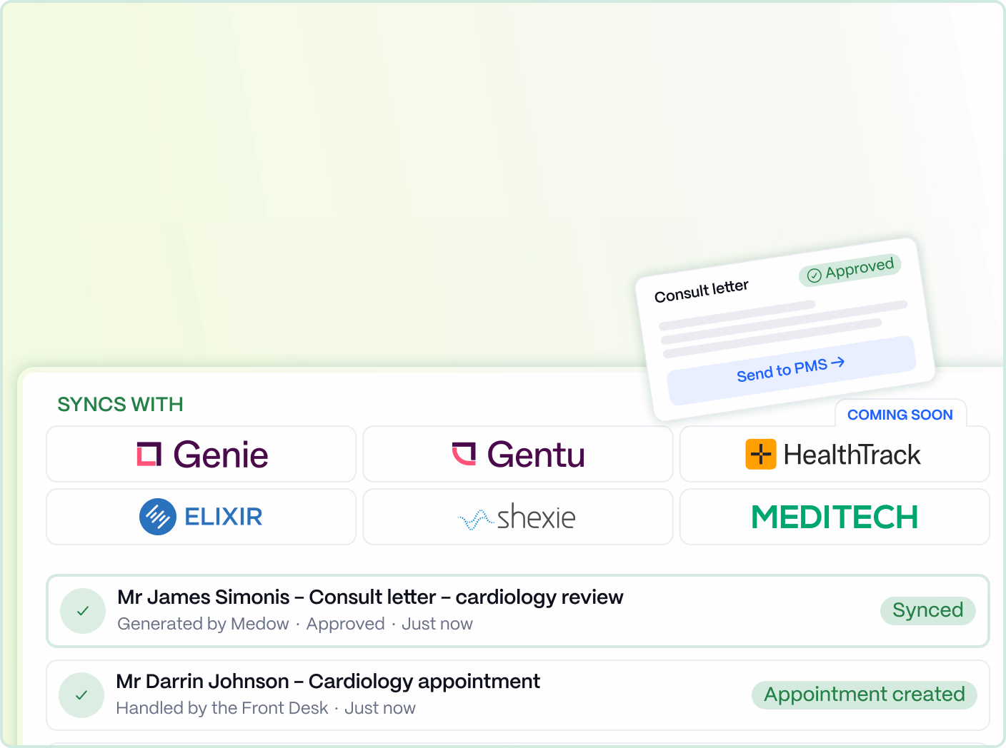 Medow syncing letters and appointments into Genie, Gentu, HealthTrack, Elixir, Shexie and Meditech