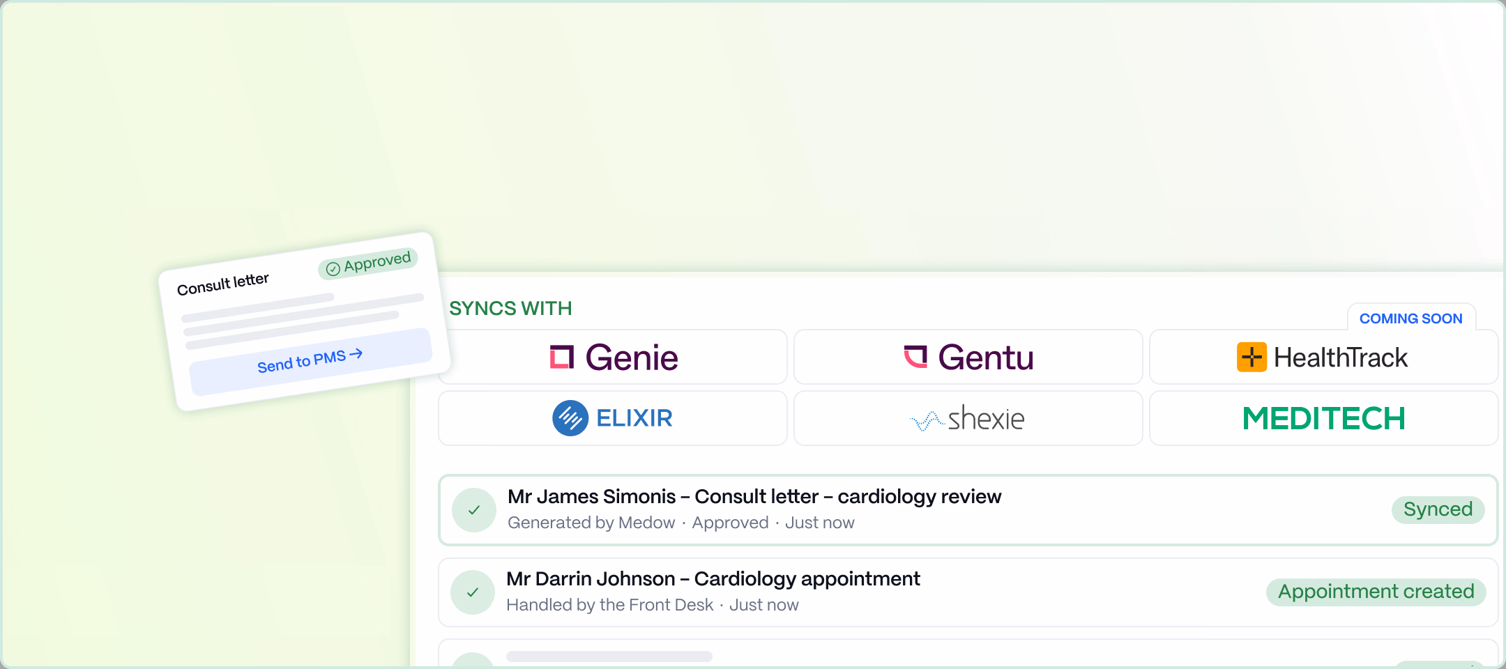 Medow syncing letters and appointments into Genie, Gentu, HealthTrack, Elixir, Shexie and Meditech
