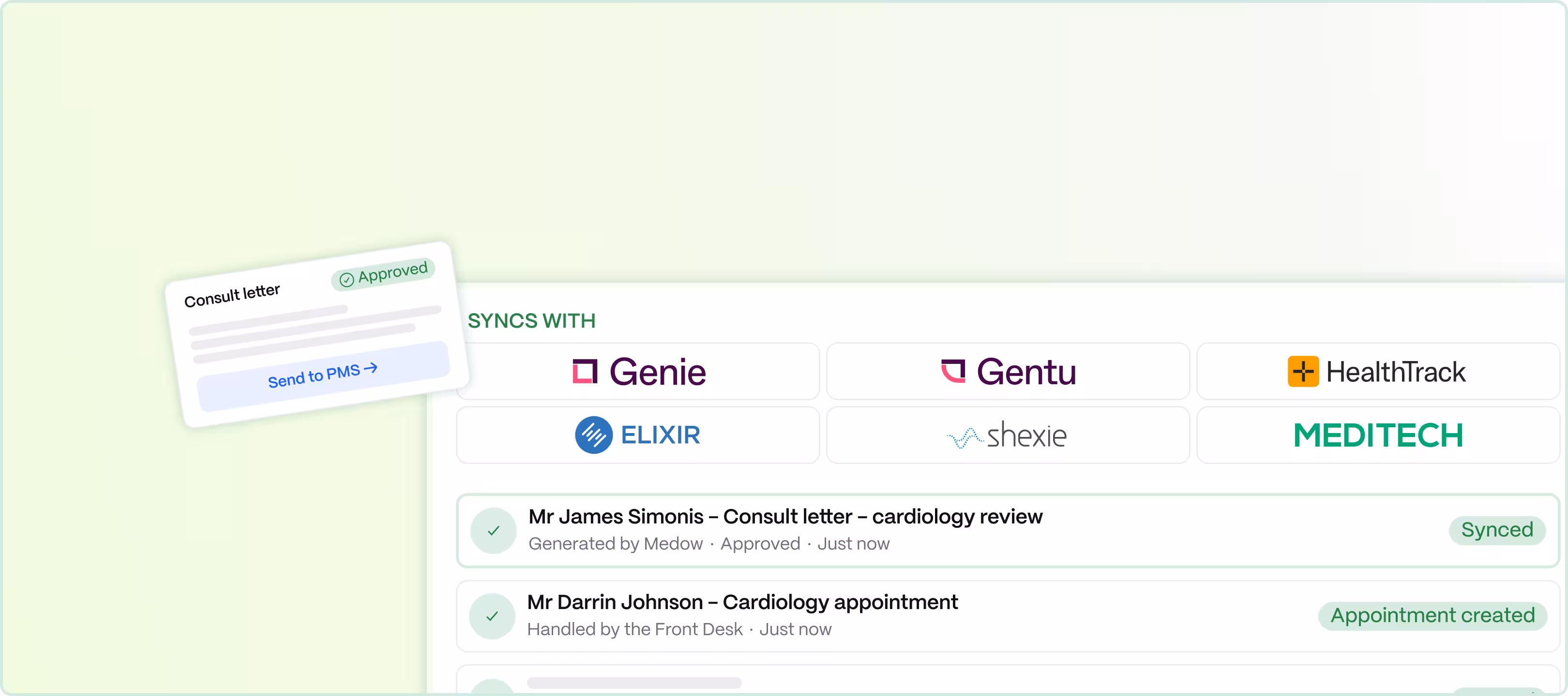 Medow syncing letters and appointments into Genie, Gentu, HealthTrack, Elixir, Shexie and Meditech