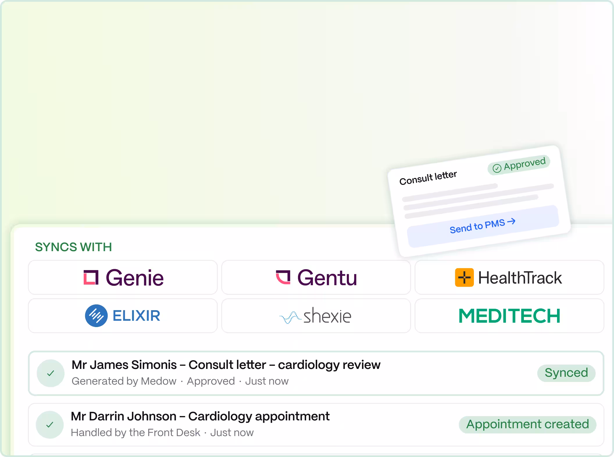 Medow syncing letters and appointments into Genie, Gentu, HealthTrack, Elixir, Shexie and Meditech