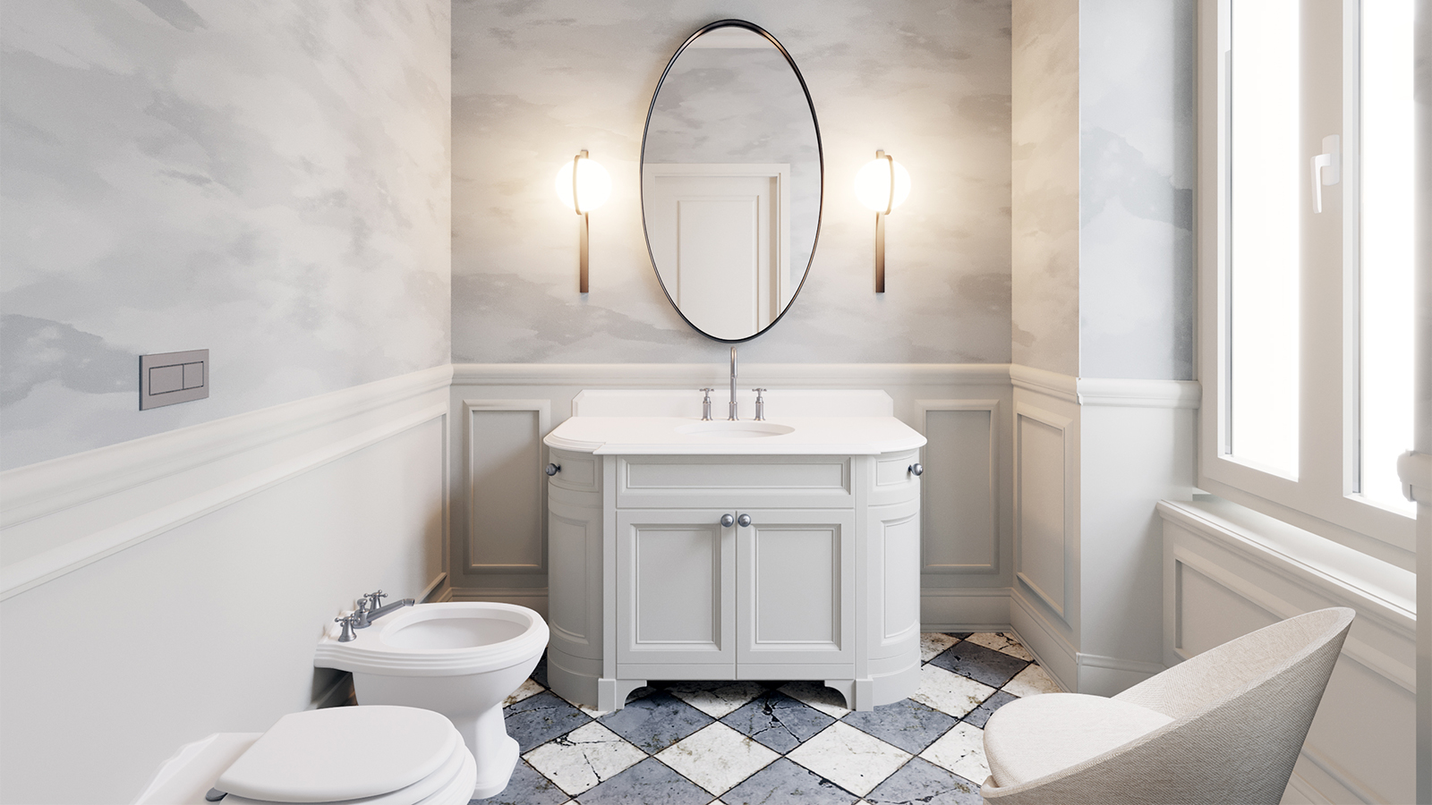 Bagno elegante in bianco e grigio con mobile lavabo classico e specchio ovale