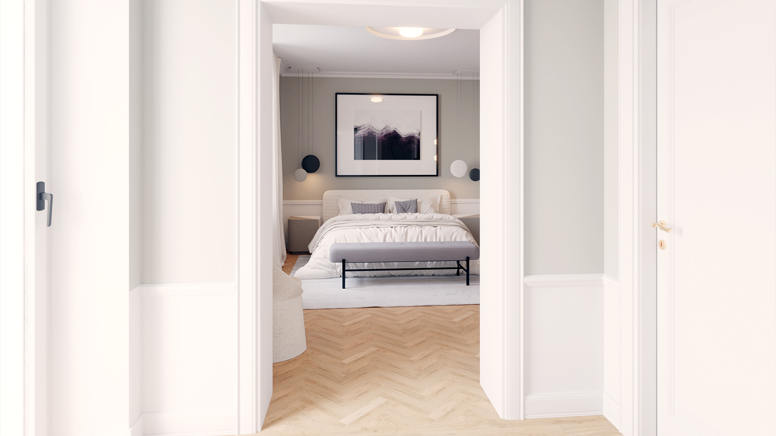 Camera da letto minimal con pavimento a spina di pesce e arte astratta
