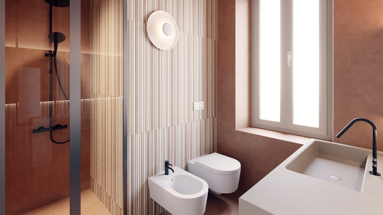 Bagno moderno con doccia, finestra e sanitari bianchi minimal