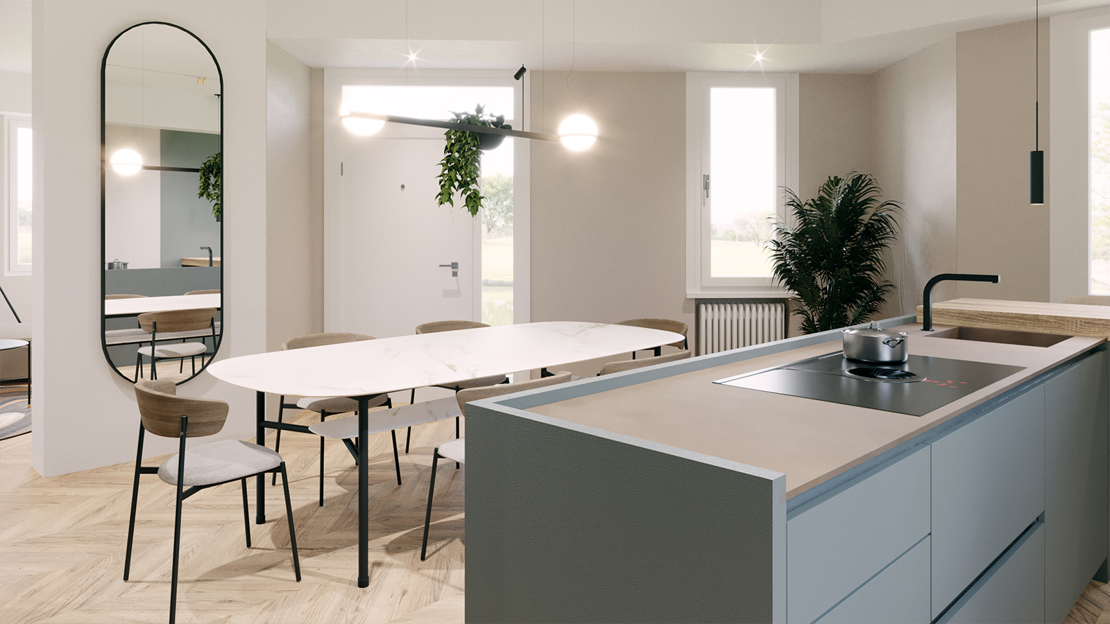Cucina moderna minimalista con isola, tavolo da pranzo e piante verdi