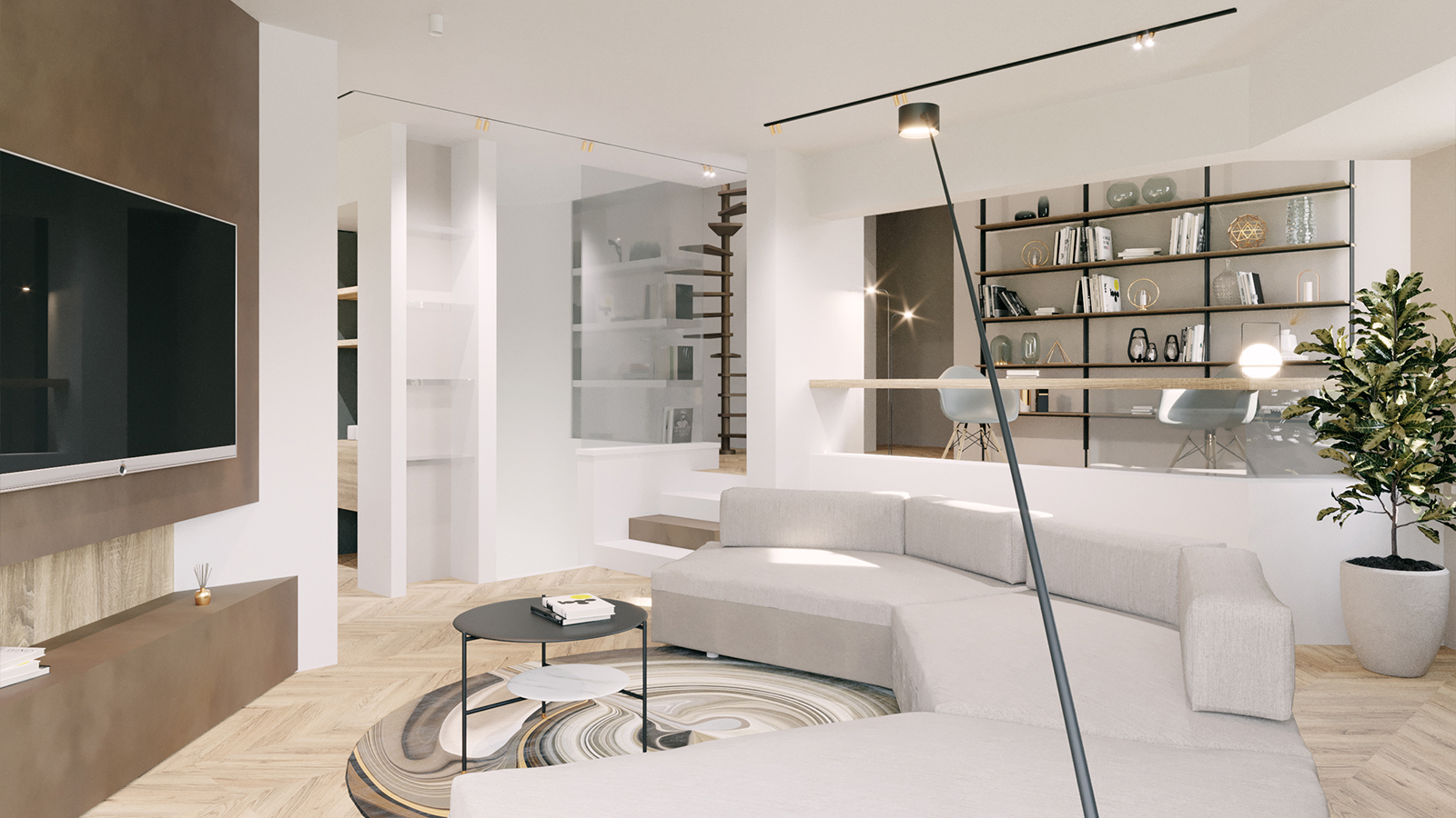 Soggiorno moderno e minimalista con divano bianco e libreria a scaffali