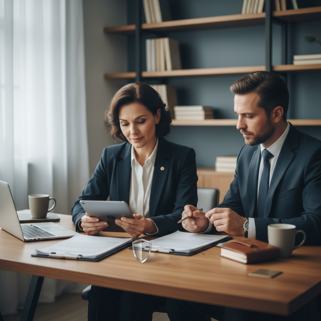 Two professionals, a woman and a man in suits, discuss documents in a modern office with a calm atmosphere. Shelves with books are in the background.