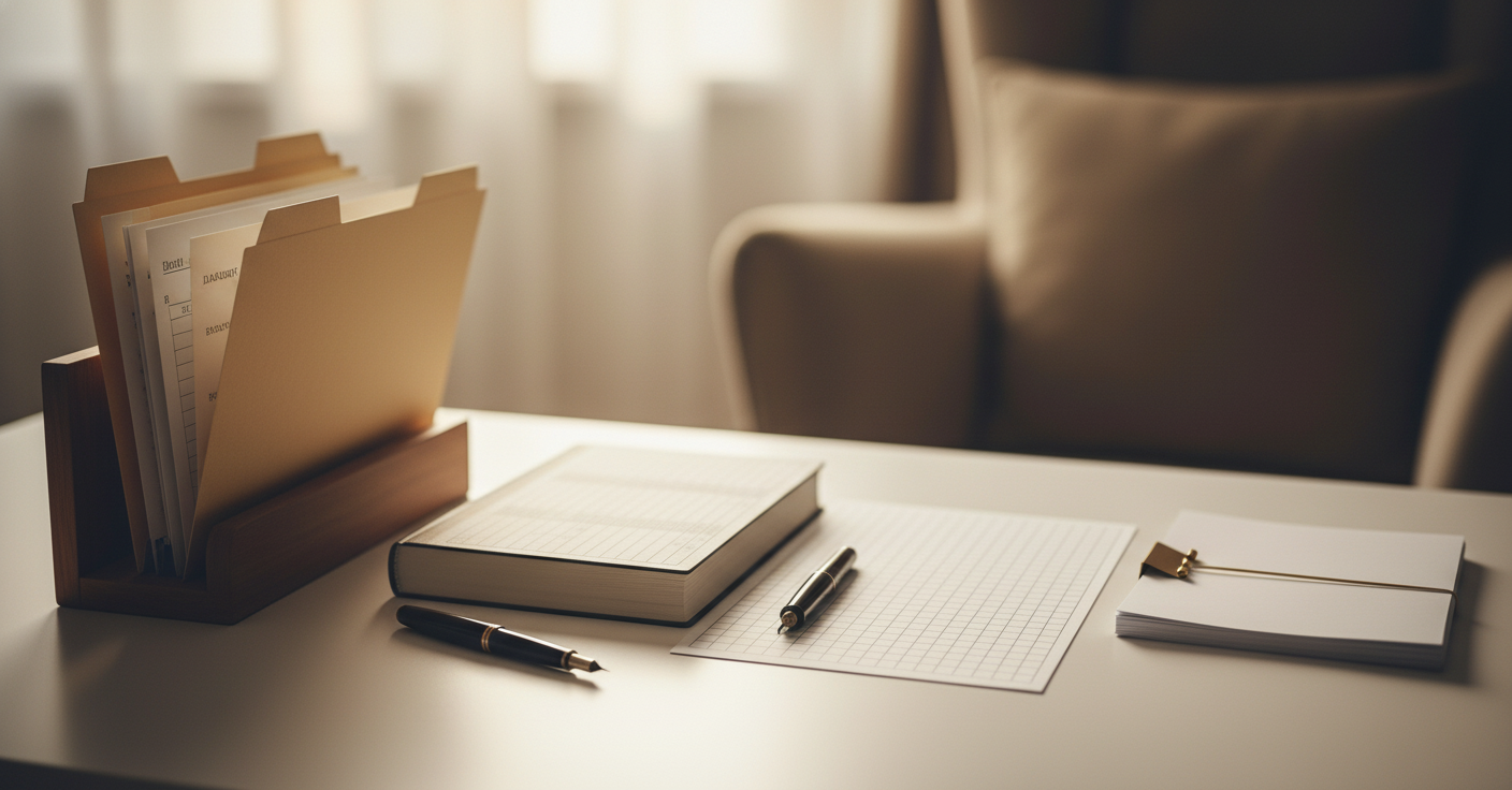 A calm, organized workspace scene showing a neat desk with a simple spreadsheet or ledger system for tracking financial accounts. The scene includes folders, a pen, and organized documents in a peaceful, orderly arrangement. Soft natural lighting, clean and uncluttered composition, professional but warm aesthetic. No text, words, or letters visible anywhere in the image.