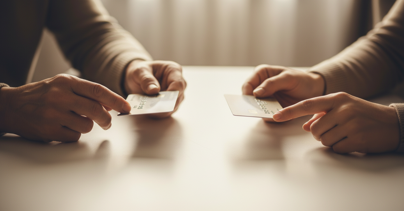 Two credit cards side by side on a clean surface, one card showing two people's hands both holding it together representing joint ownership, the other card showing one person's hand holding it with another hand reaching toward it representing authorized user access. Soft, calm lighting with a professional but approachable feel. Muted colors, documentary photography style, overhead angle.