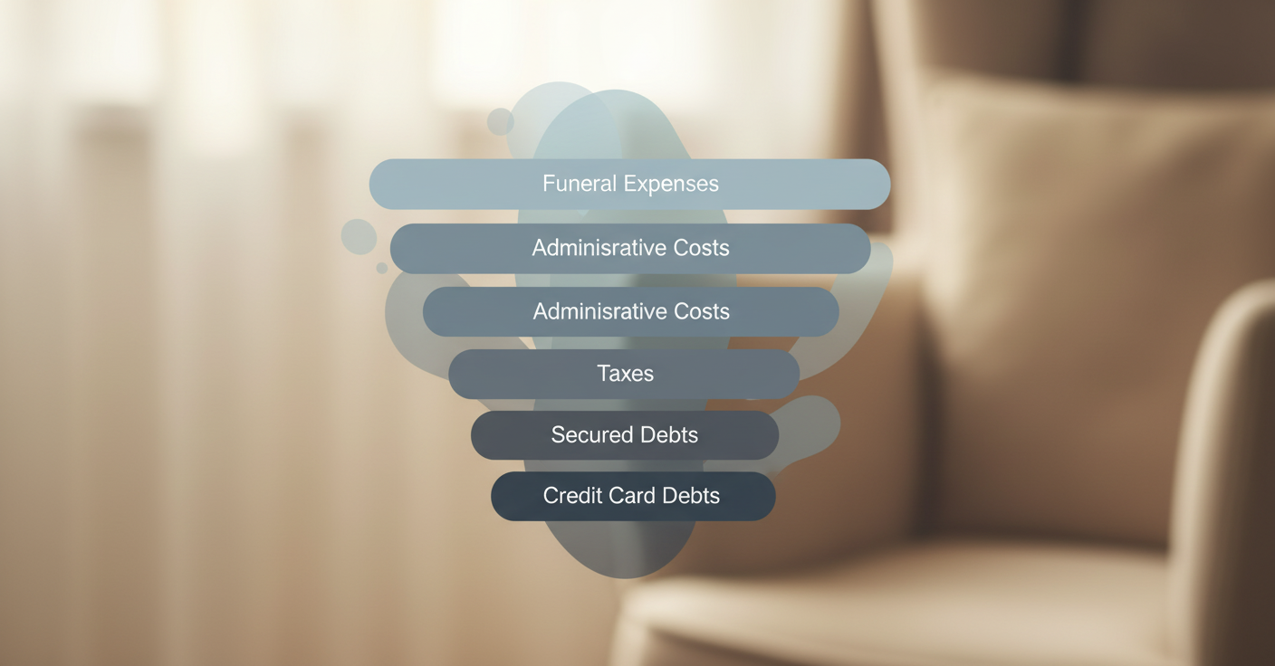 A calm, organized visualization showing layers or stacked elements representing payment priority in estate settlement. Visual hierarchy with funeral expenses at top, followed by administrative costs, taxes, secured debts, and credit cards at bottom. Soft, muted colors in blues and grays. Clean, minimal design with geometric shapes or subtle gradients showing the flow from top priority to lower priority. Professional, reassuring style. No text or labels.