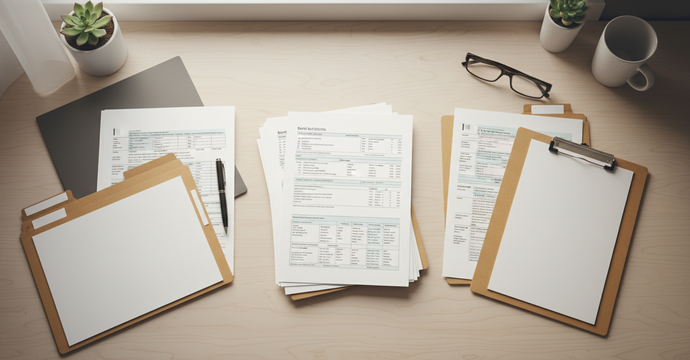 A calm, organized workspace with financial documents laid out systematically - bank statements, tax returns, folders, and personal records arranged on a clean desk surface. Soft natural lighting, professional but warm atmosphere, muted colors suggesting careful organization and methodical approach. View from above showing the layout of paperwork, file folders, and important documents in an orderly manner. No people visible, focus on the organized documents themselves.