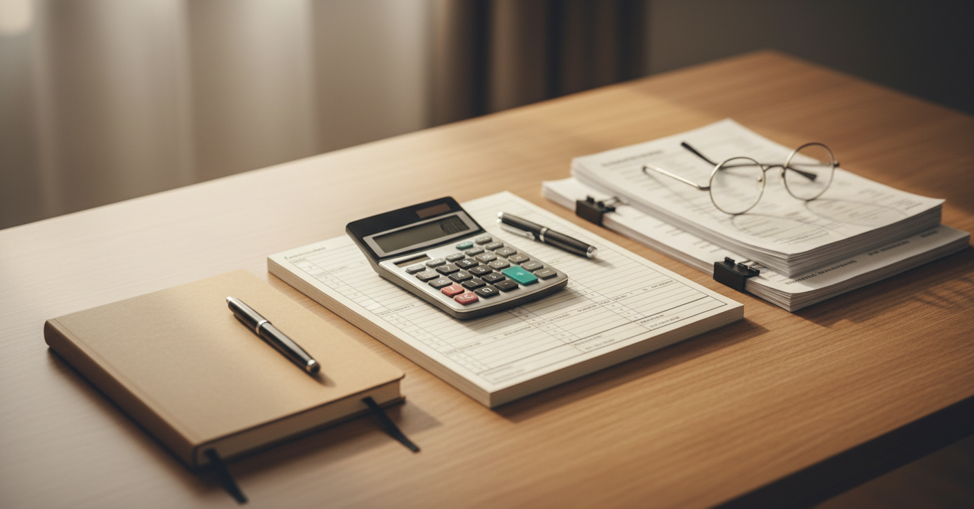 A professional financial planning scene showing calculator, organized financial documents, and expense ledger on a clean wooden desk. Warm natural lighting from window. Notebook with pen, reading glasses, and neatly arranged papers suggesting careful record-keeping. Muted color palette with warm browns, soft grays, and cream tones. Overhead angle view showing organized workspace. Calm, trustworthy atmosphere conveying careful financial management and transparency. No people visible, focus on the orderly financial materials and tools.