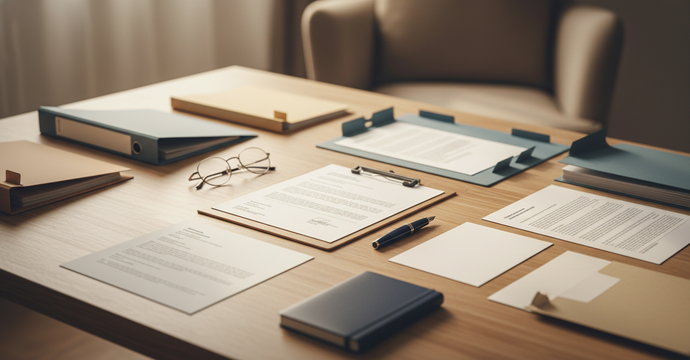 A calm, organized workspace scene showing estate settlement documents and materials arranged neatly on a wooden desk. Include file folders, a clipboard with forms, a pen, reading glasses, and official-looking papers spread out in an orderly manner. Soft natural lighting from a window. Warm, professional atmosphere that conveys clarity and organization rather than chaos. Muted, calming color palette with blues, grays, and warm wood tones. Top-down or slight angle view. No people visible, focus on the organized administrative materials that represent the executor's journey.